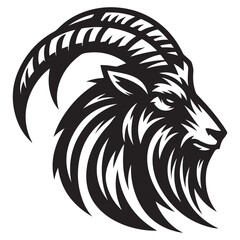 Fierce Tribal Mountain Goat Head Logo in Black and White – Aggressive Ram Horn Design for Sports Teams, Outdoor Apparel, Tattoo Art, and Branding Use.