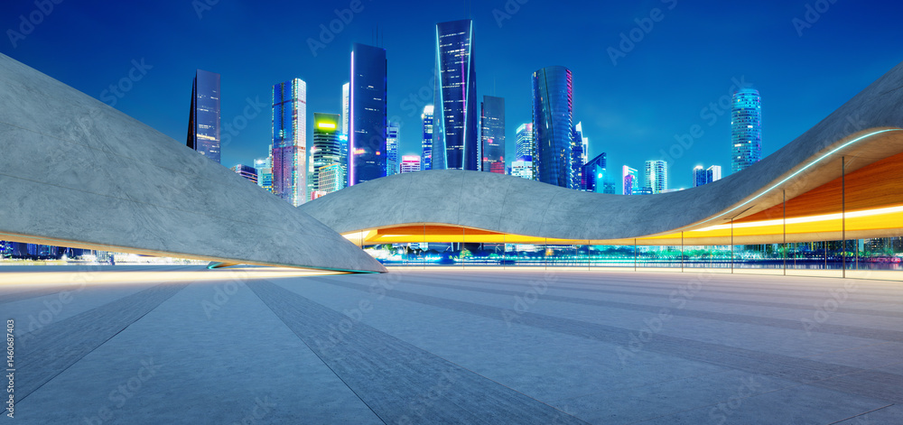 Poster 3d rendering empty parking lot floor with modern city skyline in background at dusk