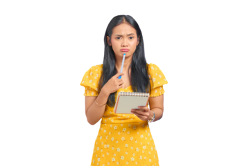 Pensive young Asian woman holding pen and notebook, thinking about idea isolated on transparent background