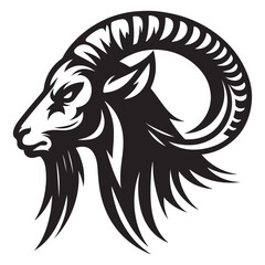 Fierce Tribal Mountain Goat Head Logo in Black and White – Aggressive Ram Horn Design for Sports Teams, Outdoor Apparel, Tattoo Art, and Branding Use.