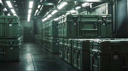 A series of high-tech weapon crates stacked inside a military warehouse.