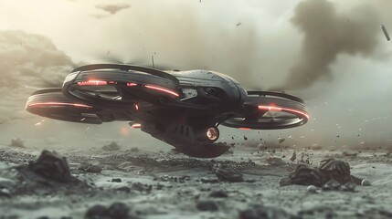 A sleek, futuristic drone navigating a war-torn battlefield.