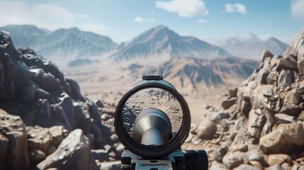 A sniper rifle scope view targeting a distant enemy stronghold.