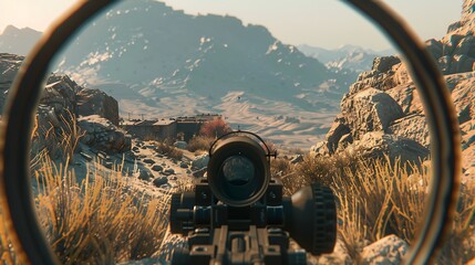 A sniper rifle scope view targeting a distant enemy stronghold.