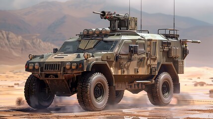 A sophisticated weapon system locked and loaded on a military vehicle.