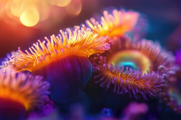 Obraz premium Vibrant underwater scene showcasing colorful sea anemones with intricate details, bathed in warm, golden light.
