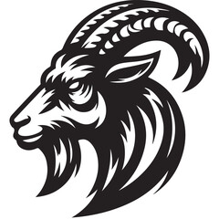 Fierce Tribal Mountain Goat Head Logo in Black and White – Aggressive Ram Horn Design for Sports Teams, Outdoor Apparel, Tattoo Art, and Branding Use.