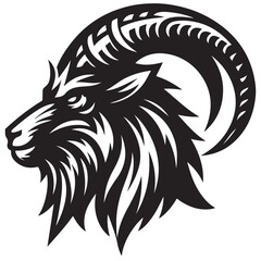 Fierce Tribal Mountain Goat Head Logo in Black and White – Aggressive Ram Horn Design for Sports Teams, Outdoor Apparel, Tattoo Art, and Branding Use.