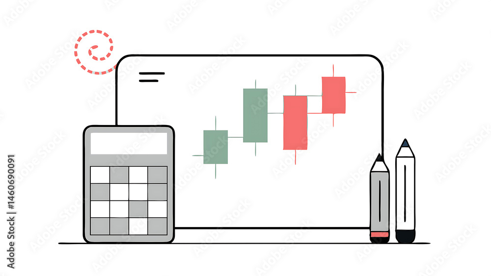 Poster stock price drop and growth chart with calculator and pen using as financial analysis stock market p