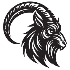 Fierce Tribal Mountain Goat Head Logo in Black and White – Aggressive Ram Horn Design for Sports Teams, Outdoor Apparel, Tattoo Art, and Branding Use.