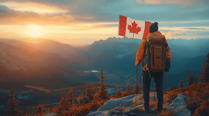 Celebrating Canada Day on Mountain Summit with Flag and Sunset Views