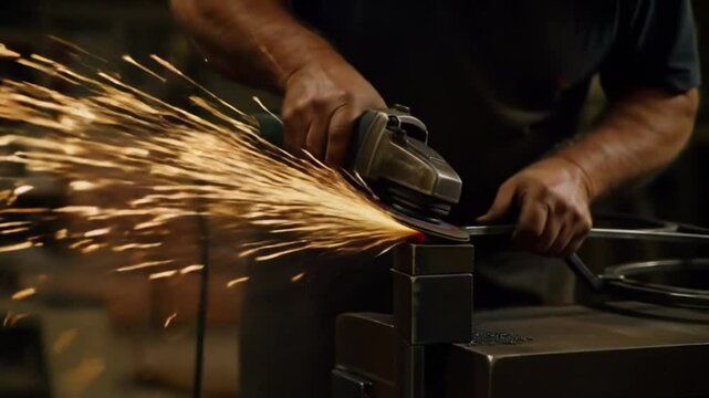Close-up of welding and metal grinding with visible gloved hands and showering sparks