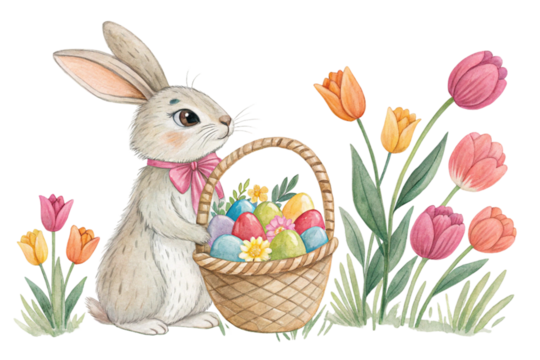 A cute Easter bunny, a soft toy rabbit, holds a colorful basket of decorated eggs, a symbol of the spring holiday celebration on the grass
