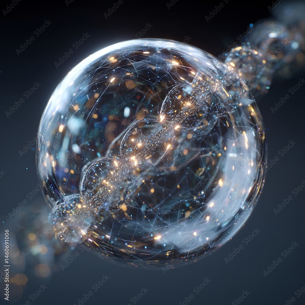 Poster complex interconnection network presented as a radiant sphere with flowing lines