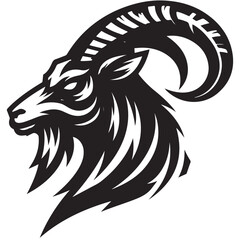 Fototapeta premium Fierce Tribal Mountain Goat Head Logo in Black and White – Aggressive Ram Horn Design for Sports Teams, Outdoor Apparel, Tattoo Art, and Branding Use.