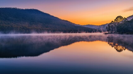 Fototapeta premium Serene Sunrise Reflection Over Calm Lake Surrounded by Mountains