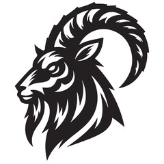 Fierce Tribal Mountain Goat Head Logo in Black and White – Aggressive Ram Horn Design for Sports Teams, Outdoor Apparel, Tattoo Art, and Branding Use.