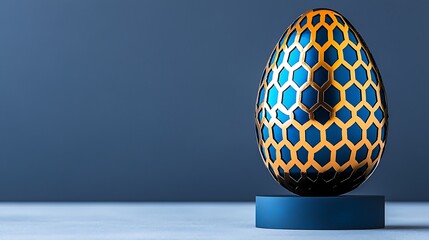 3D rendered Easter egg, blue & gold hexagonal design on dark pedestal