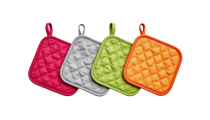 Trio of colorful oven mitts, essential kitchen accessories for safe and stylish cooking