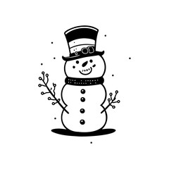 Stylized snowman illustration showcasing winter charm and festive joy in monochrome