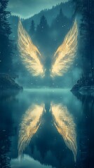 Serene ethereal wings reflected in tranquil water