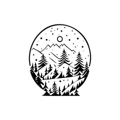 Serene mountain vista encompassed within a stylized circular forest outline