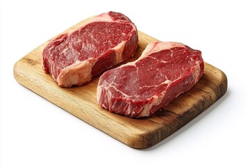 Two raw, uncooked steaks on a wooden cutting board.  They are a rich, deep red color, with visible marbling