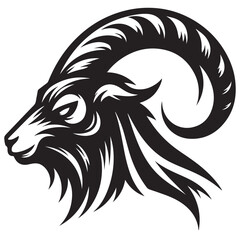 Fierce Tribal Mountain Goat Head Logo in Black and White – Aggressive Ram Horn Design for Sports Teams, Outdoor Apparel, Tattoo Art, and Branding Use.