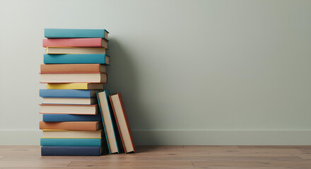Stack of colorful books on a table .  Knowledge and education theme
