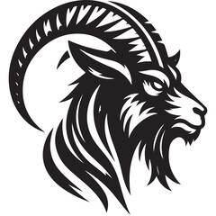 Fierce Tribal Mountain Goat Head Logo in Black and White – Aggressive Ram Horn Design for Sports Teams, Outdoor Apparel, Tattoo Art, and Branding Use.