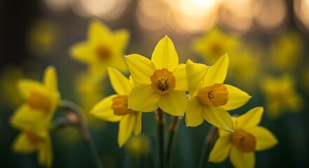 Fototapeta premium Yellow Daffodils Blooming in a Garden at Sunset