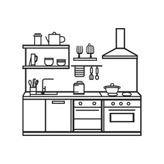 Minimalist Kitchen Icon Design, Outline Style, Countertops, Shelves, Appliances, Cooking