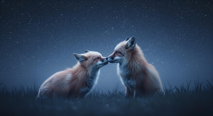 Two foxes kissing each other under the starry night