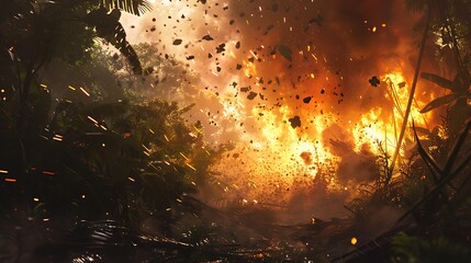 An intense artillery barrage in a dense jungle, with trees splintering under fire.