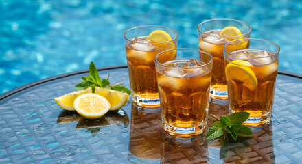 Fototapeta premium Iced tea glasses with lemon and mint reflect blue poolside water ripples