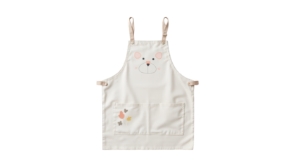 Whimsical white apron with a cute cartoon face, perfect for culinary creations and crafty projects