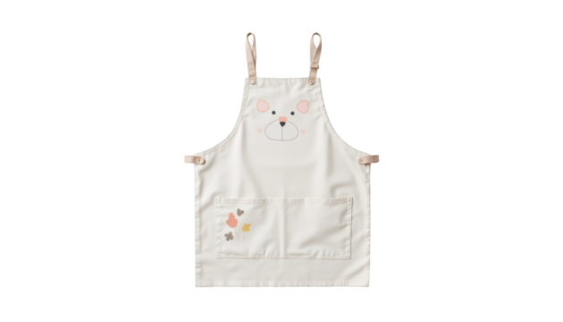 Whimsical white apron with a cute cartoon face, perfect for culinary creations and crafty projects
