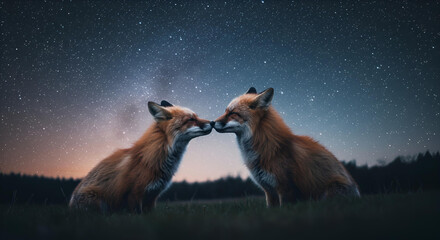 Two foxes kissing each other under the starry night