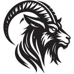 Fierce Tribal Mountain Goat Head Logo in Black and White – Aggressive Ram Horn Design for Sports Teams, Outdoor Apparel, Tattoo Art, and Branding Use.