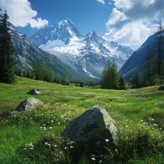 Breathtaking Mountain Landscape Under Clear Blue Sky with Lush Greenery