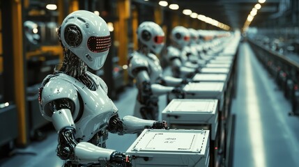 A row of automated robots working in a modern factory.