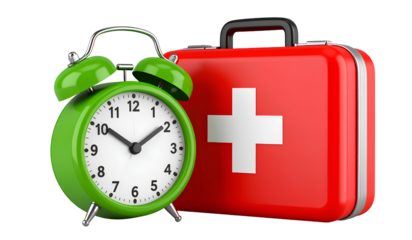 3D cartoon red first aid kit and green alarm clock on a transparent background png