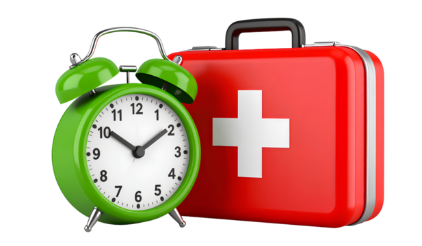 3D cartoon red first aid kit and green alarm clock on a transparent background png