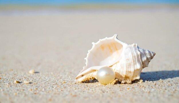 Sea shell with pearl at the beach shore