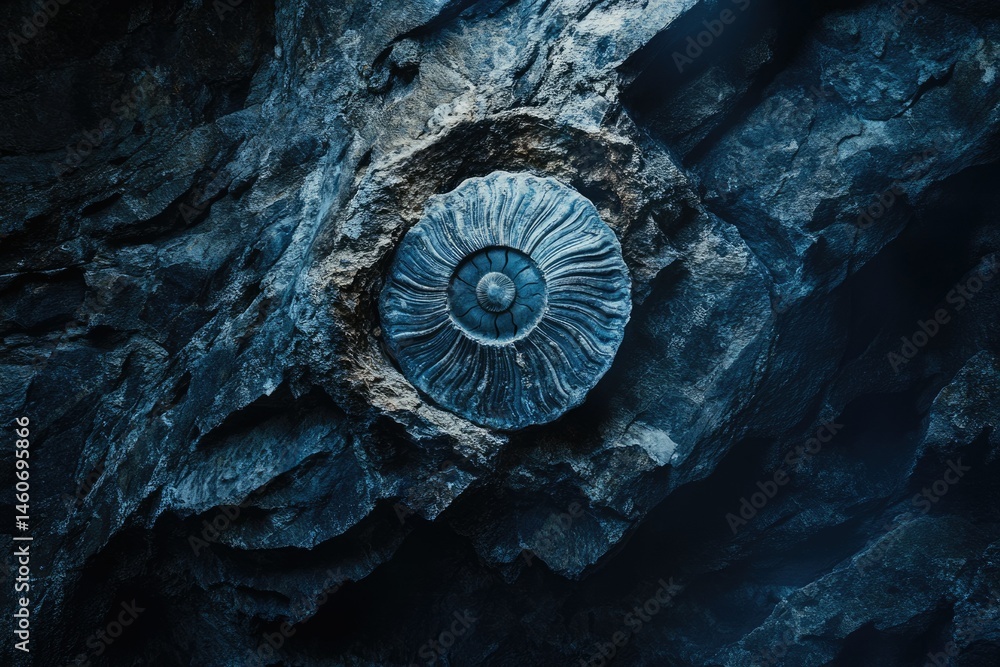 Poster a well-preserved ammonite fossil embedded in dark, ancient rock, showcasing intricate details of its