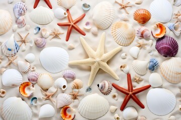Captivating assortment of seashells and starfish scattered on pristine sands background