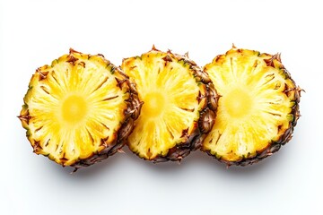 Three pineapple slices arranged.  Fresh, juicy, and tropical fruit