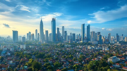 Obraz premium Urban Skyline with Diverse Architecture and Lush Greenery Under a Bright Sky 78