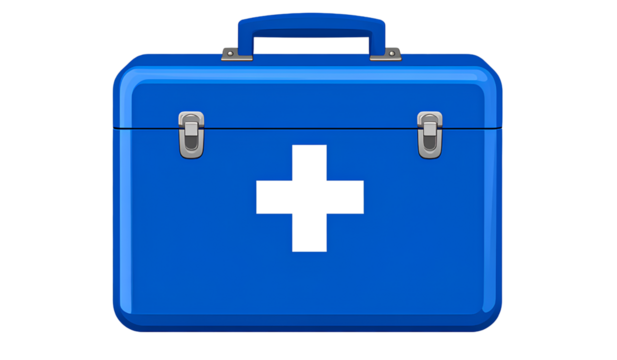 First aid kit box with blue color and white cross on it transparent background PNG
