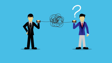 Bad communication, businessman talking through messy chaos, tangled phone line make other confused